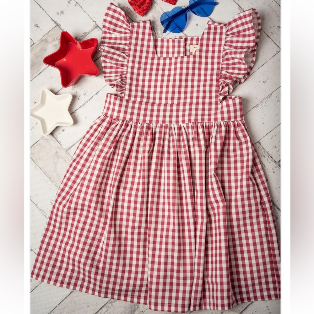 Ruffle linen Gingham dress in rhubarb pink